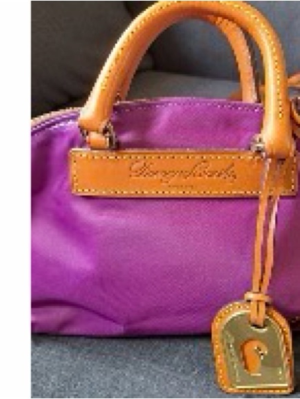 Genuine Dooney & Bourke Purple Juliette Satchel with Tan Leather Trim